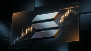 Abstract Solana market graphic showing a bullish price surge approaching resistance in a dark crypto trading environment