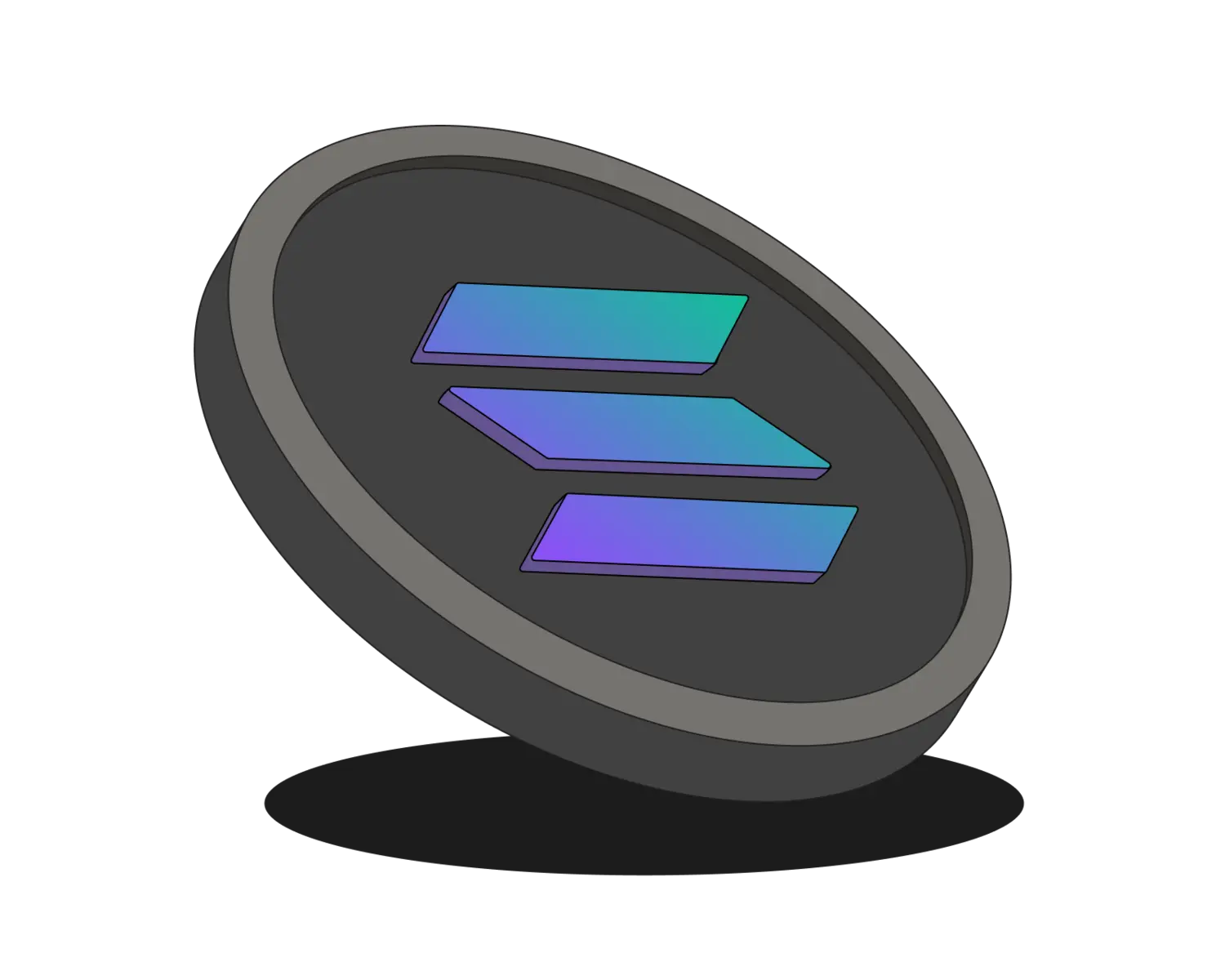 3D illustration of a dark grey Solana SOL cryptocurrency coin with a gradient blue and purple logo