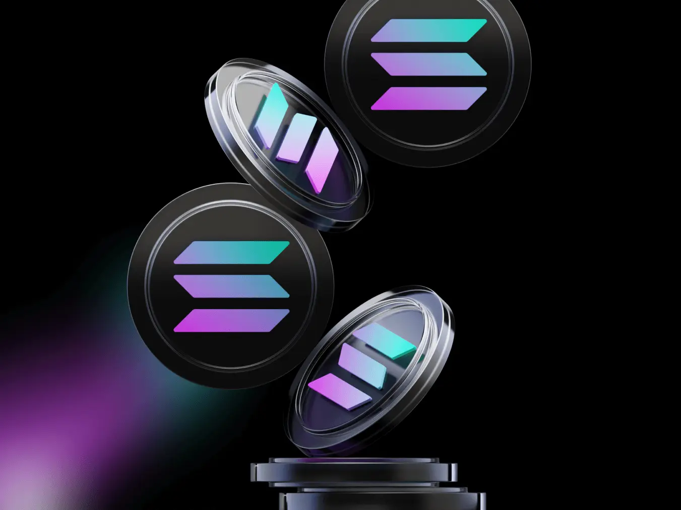 Stylized 3D render of Solana SOL cryptocurrency tokens floating against a black background