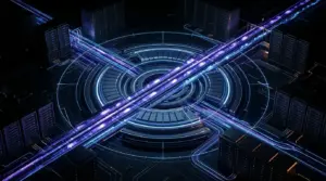 Validator servers coordinate faster Solana block production in a blue and purple network visualization