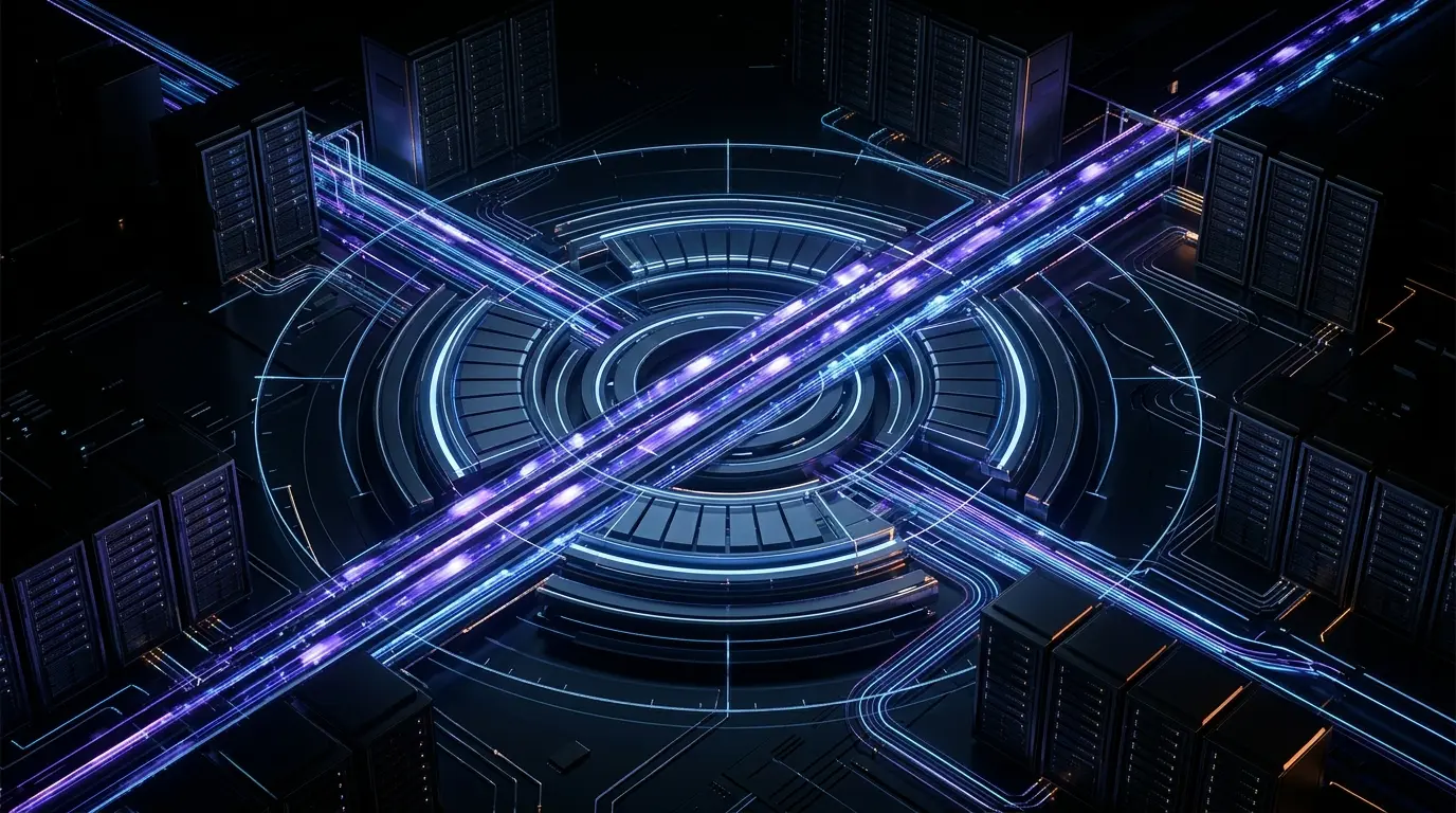 Validator servers coordinate faster Solana block production in a blue and purple network visualization