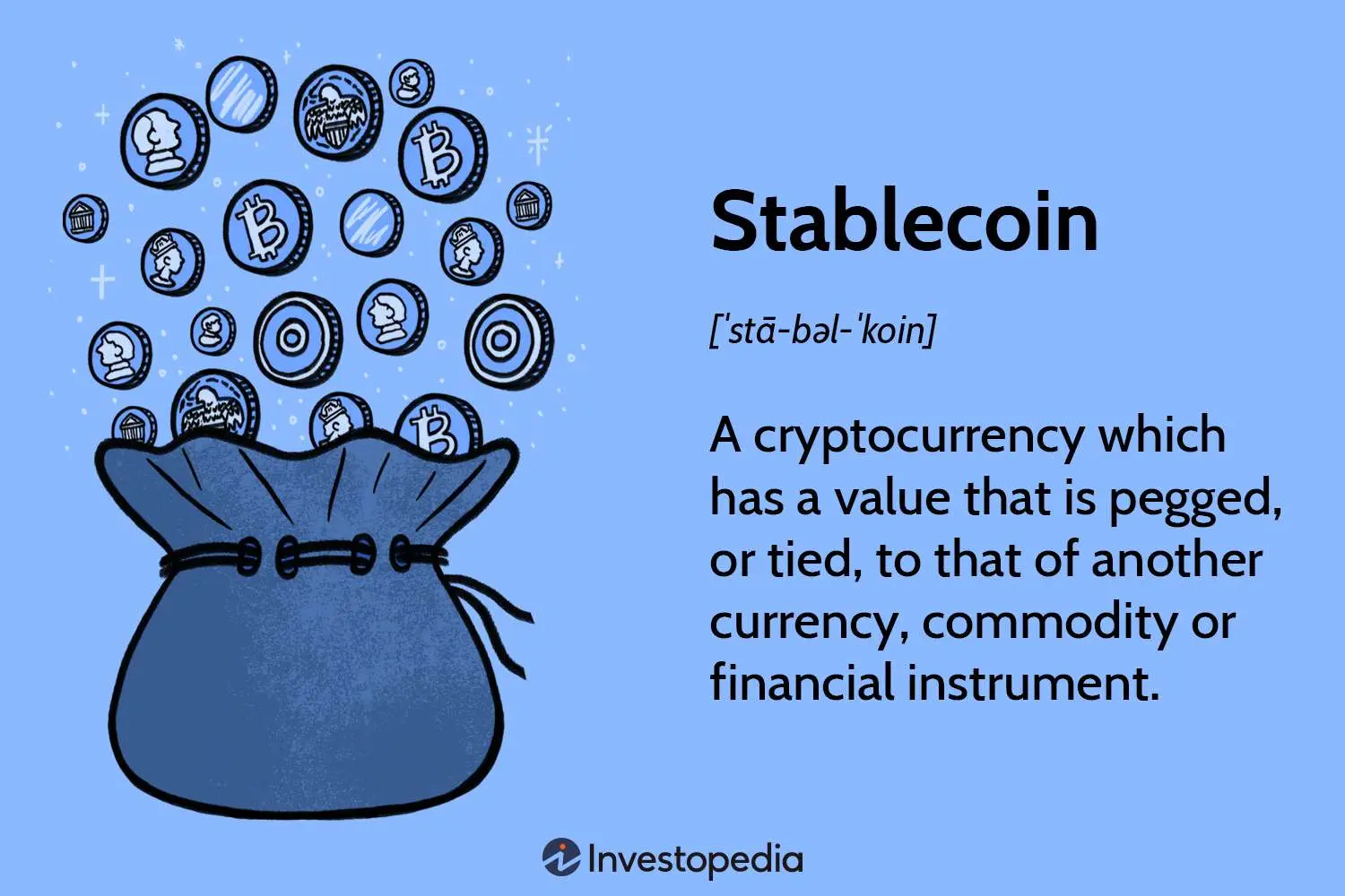 An educational graphic defining stablecoin with an illustration of digital coins falling into a blue bag.