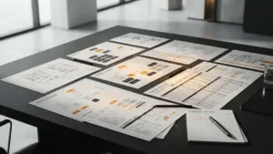 Strategic financial framework documents and blueprints on corporate conference table with dramatic lighting