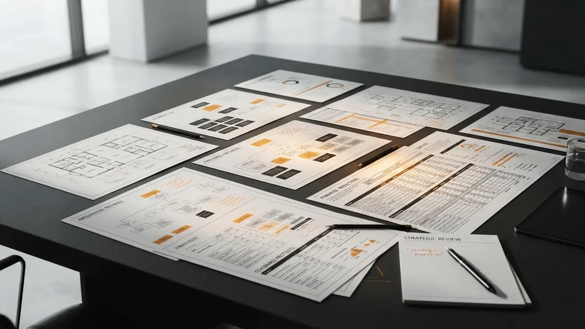 Strategic financial framework documents and blueprints on corporate conference table with dramatic lighting