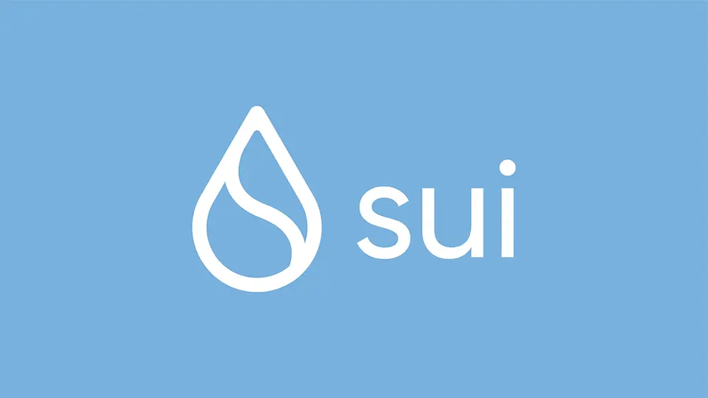 The Sui blockchain network logo featuring a white water drop icon and text on a light blue background