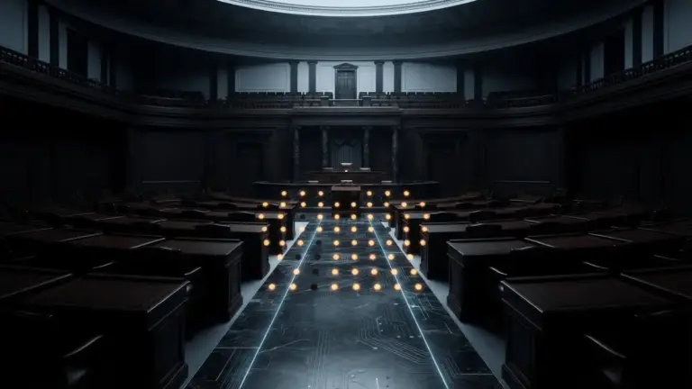 Senate chamber with an amber vote threshold visualization representing the CLARITY Act’s September cloture test