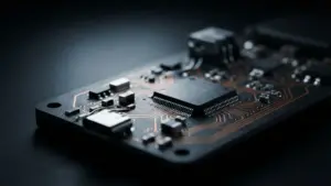 Exposed hardware wallet circuit board with microcontroller chip in dramatic lighting