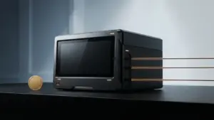 Dark crypto finance hardware powering down with orange accents, symbolizing canceled digital asset business plans