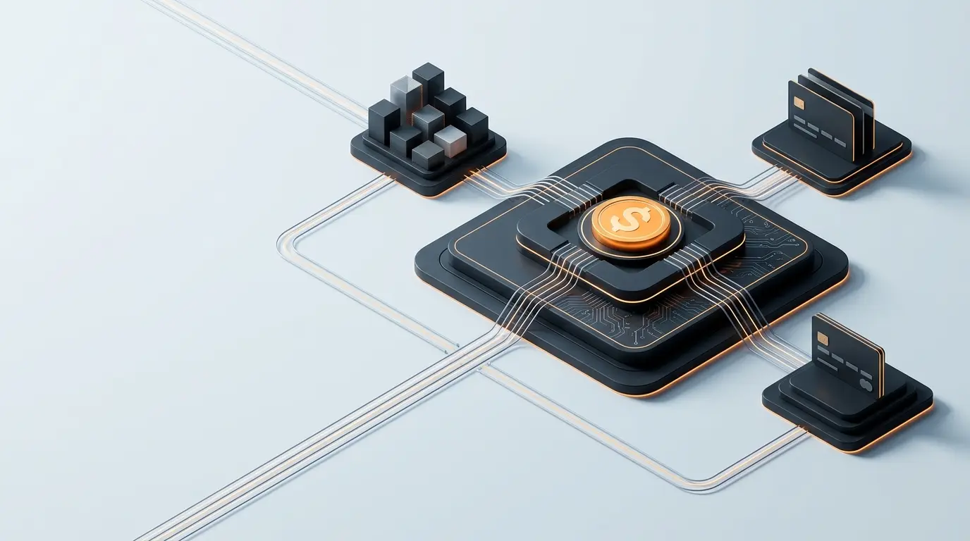 Abstract payment network linking AI commerce and stablecoin settlement infrastructure