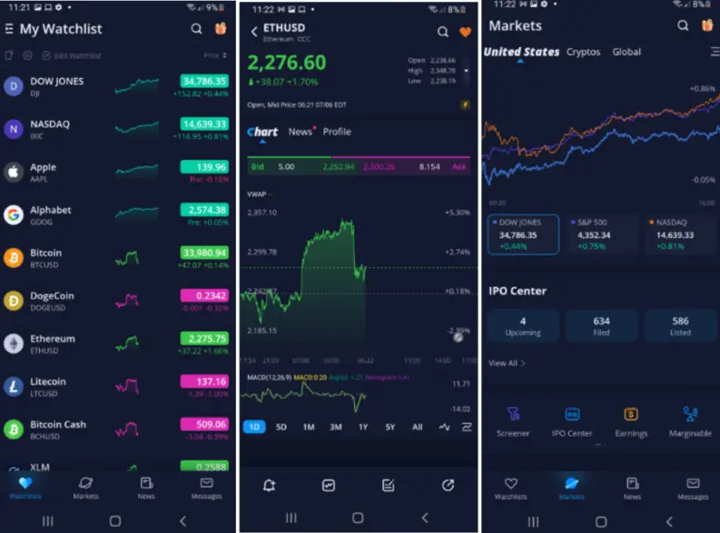 Three screenshots of the Webull mobile app showing a watchlist, a detailed cryptocurrency chart, and market trends.
