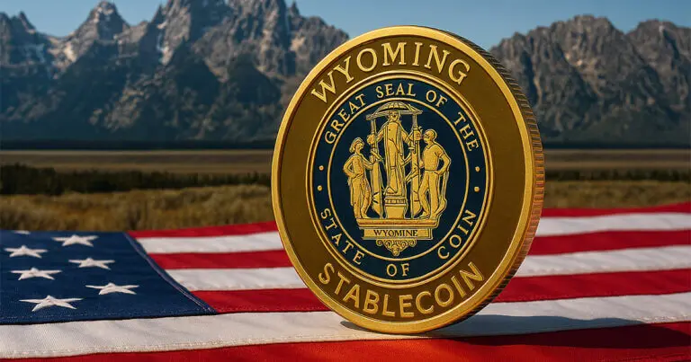 A gold coin featuring the Great Seal of the State of Wyoming and the words 'Wyoming Stablecoin' on a US flag.