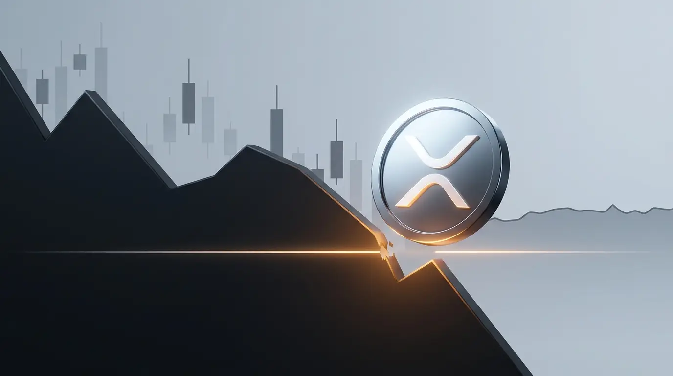 XRP-inspired token beside a broken $1 support line in a dark market-data scene