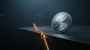 XRP-inspired coin beside a sharply broken orange support line in a dark crypto market scene
