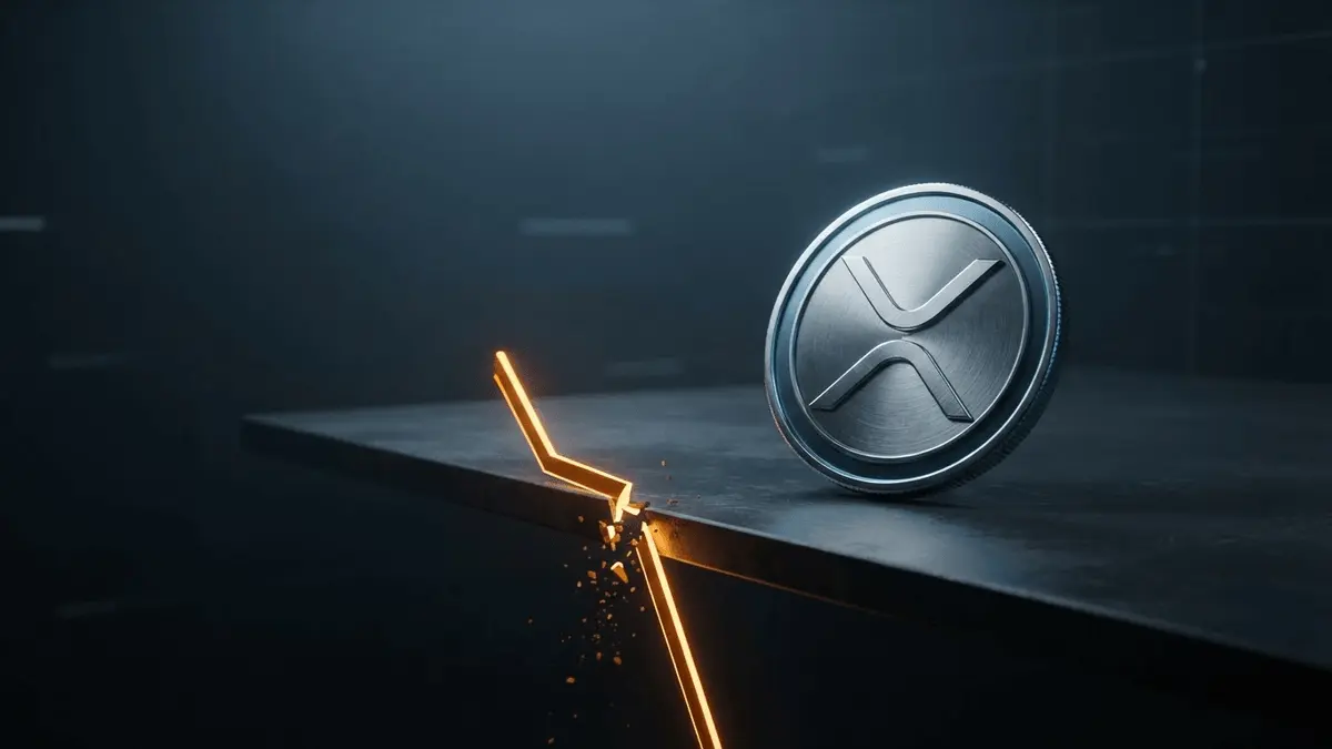 XRP-inspired coin beside a sharply broken orange support line in a dark crypto market scene