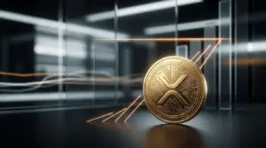 Gold XRP coin with orange market signals suggesting ETF-supported upside toward a key resistance level