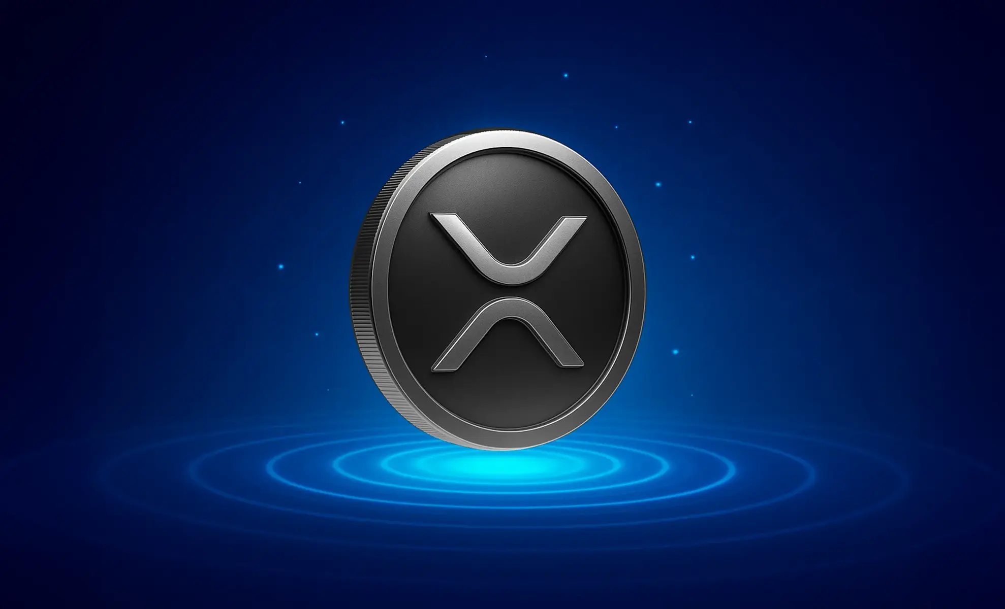 3D render of a dark metallic XRP cryptocurrency coin hovering over glowing blue concentric rings