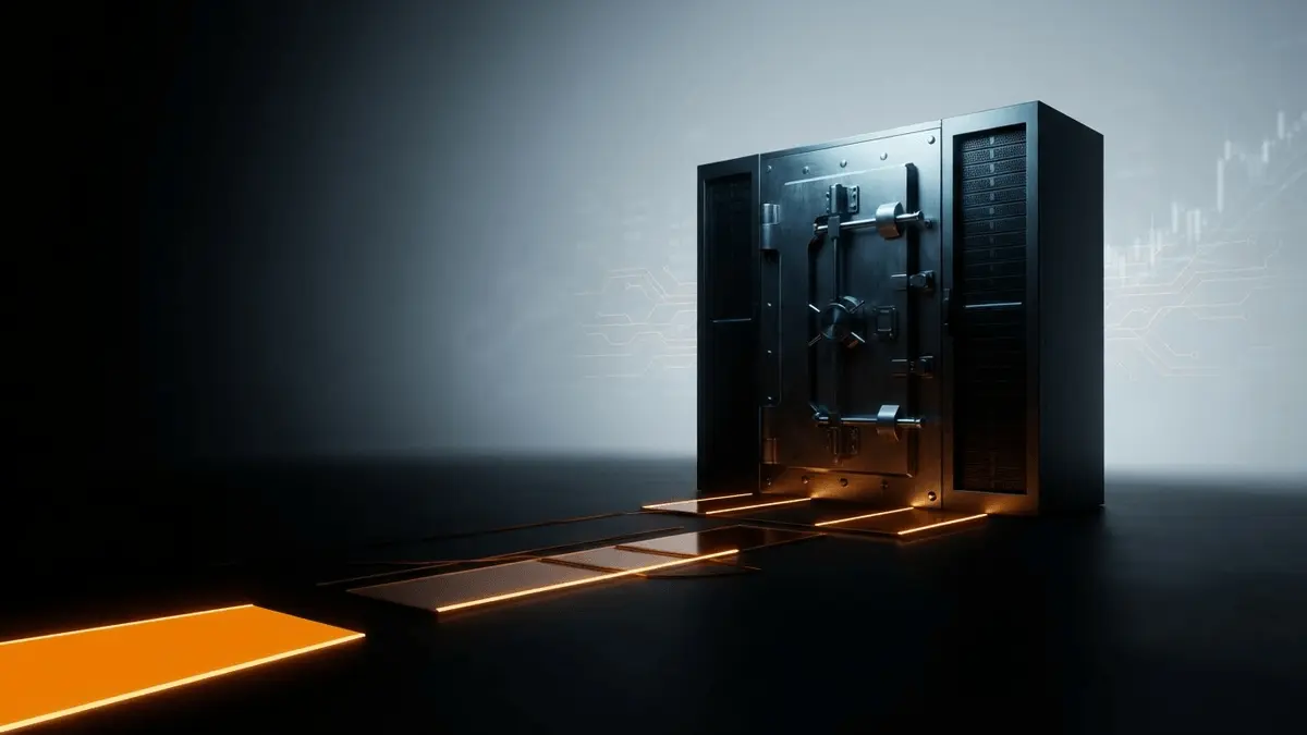 Secure crypto exchange vault with four illuminated pathways symbolizing Bitget’s phased withdrawal restoration
