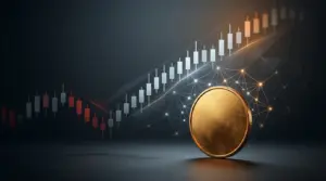Abstract AI forecasting Bitcoin price with a gold cryptocurrency coin and rising market trajectory