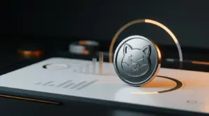 Abstract crypto presale token with cautious upward market signals in a dark orange-lit financial setting