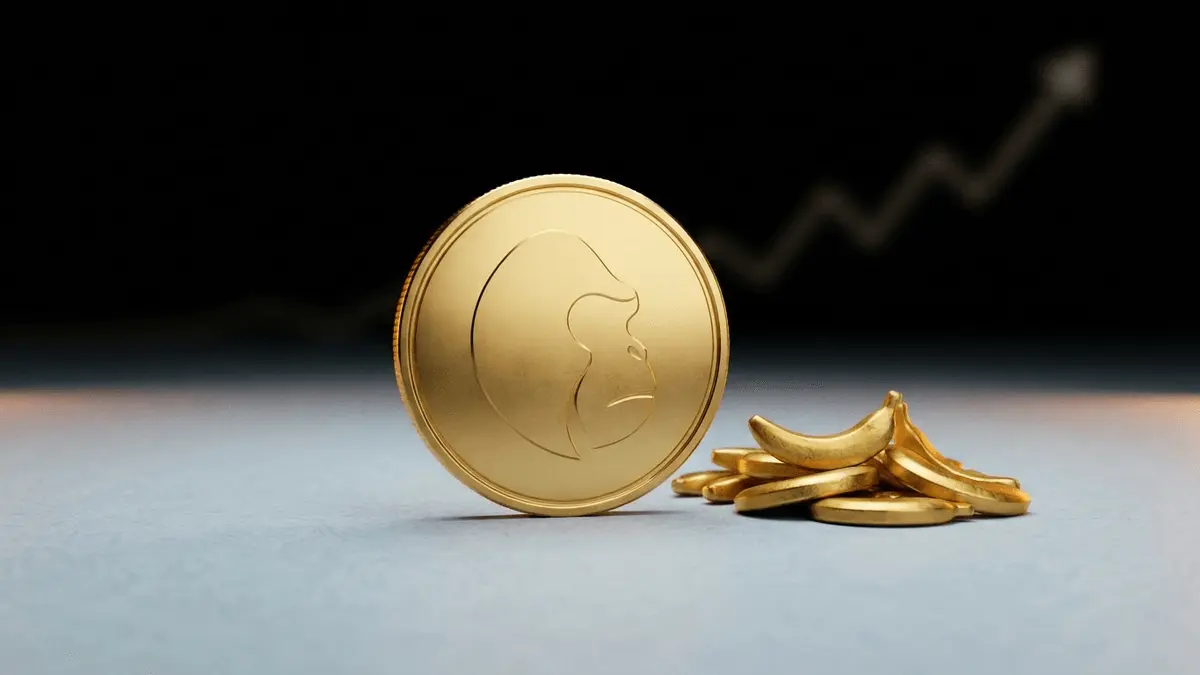 Gold crypto token and banana-shaped tokens representing the Apeing presale nearing its next stage