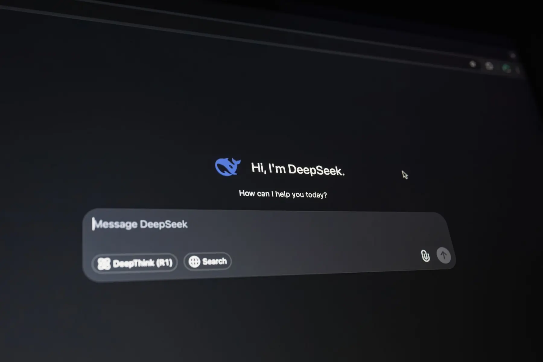 DeepSeek AI chatbot interface showing the greeting 'Hi, I'm DeepSeek' and a message input field.