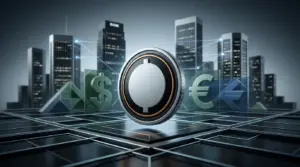 Unmarked digital coin above a financial settlement grid representing banks’ planned dollar stablecoin