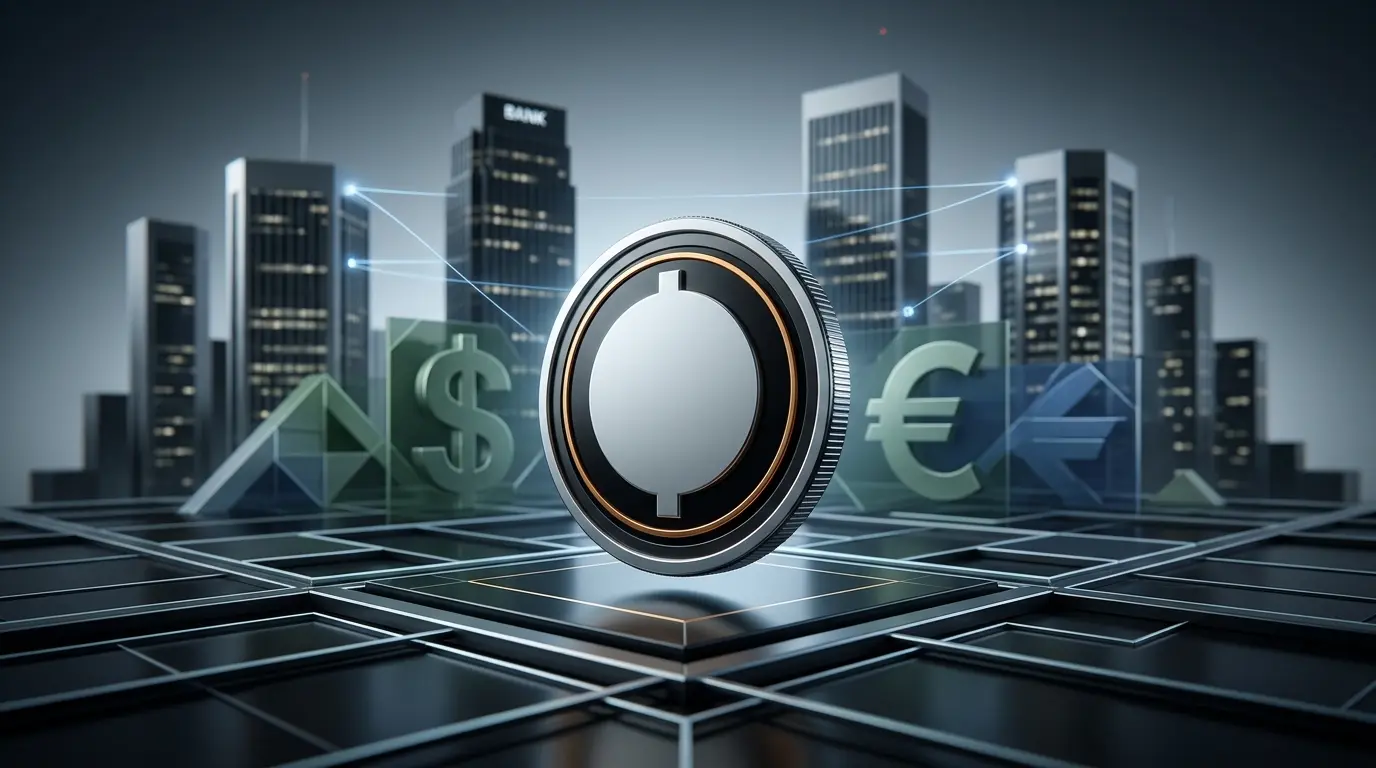 Unmarked digital coin above a financial settlement grid representing banks’ planned dollar stablecoin