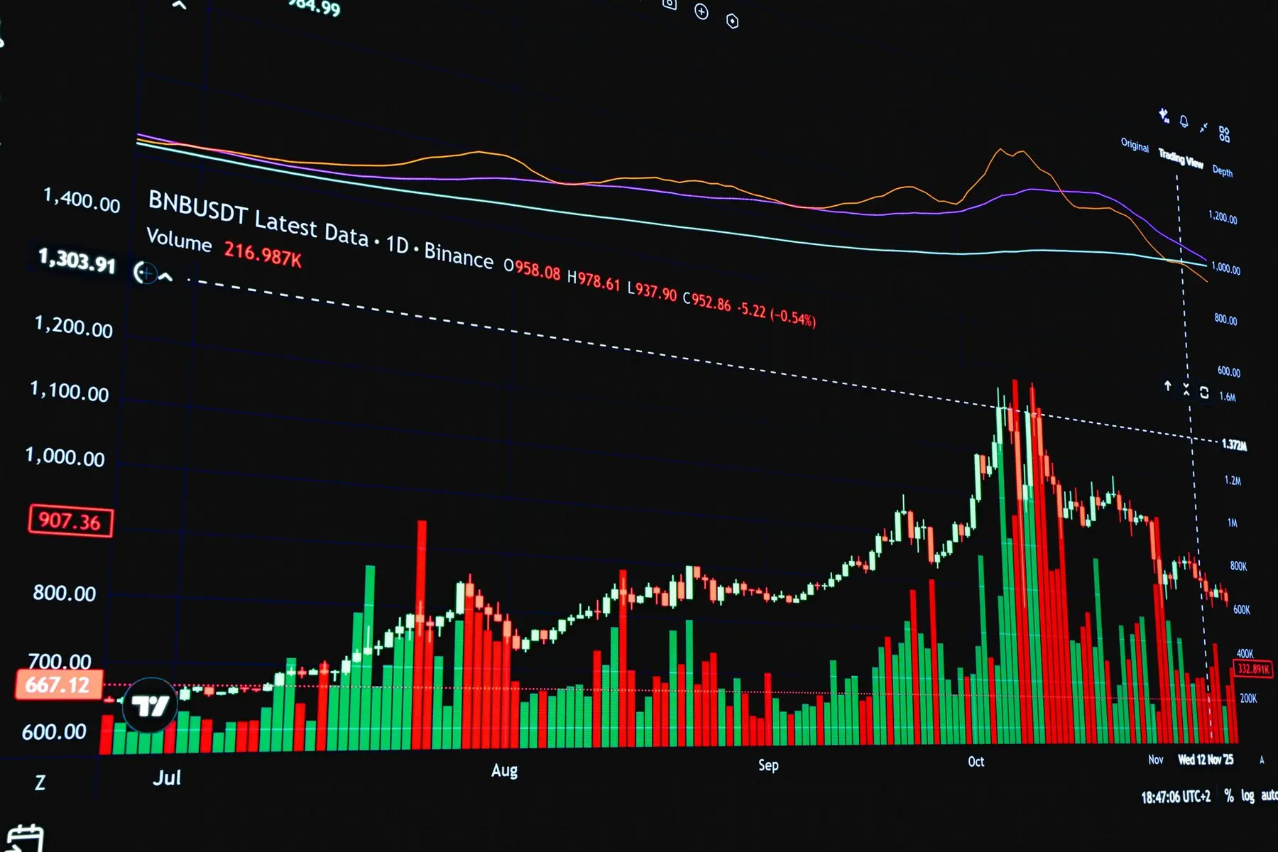 Price chart of BNBUSDT on Binance showing daily candlestick data and volume trends.