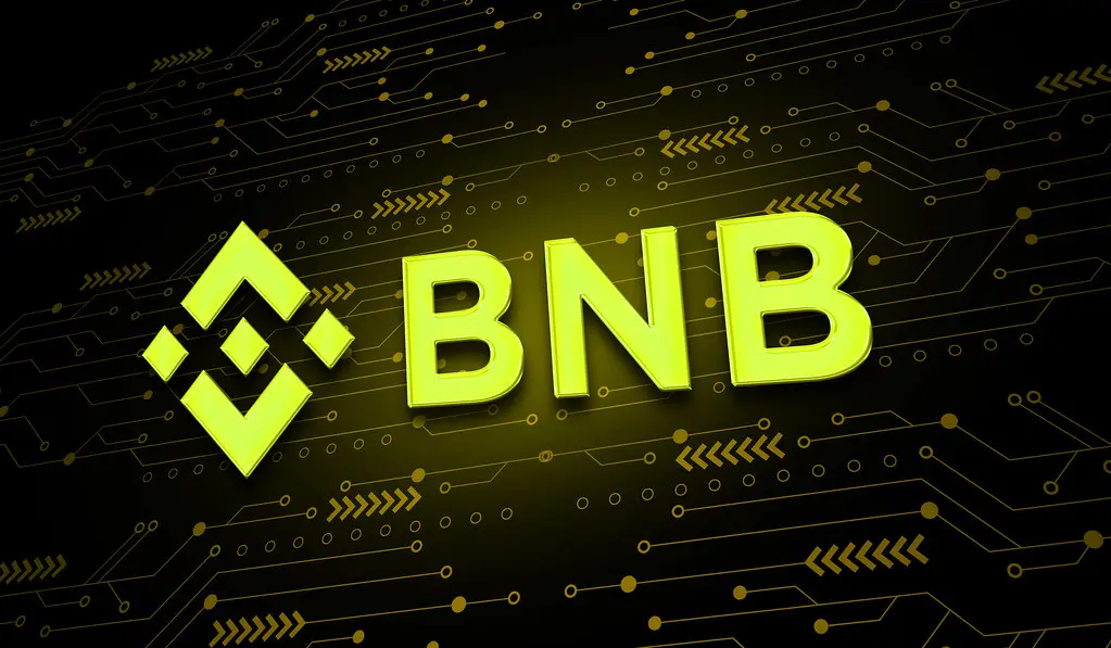The yellow Binance logo and BNB text on a black background with gold circuit board patterns.