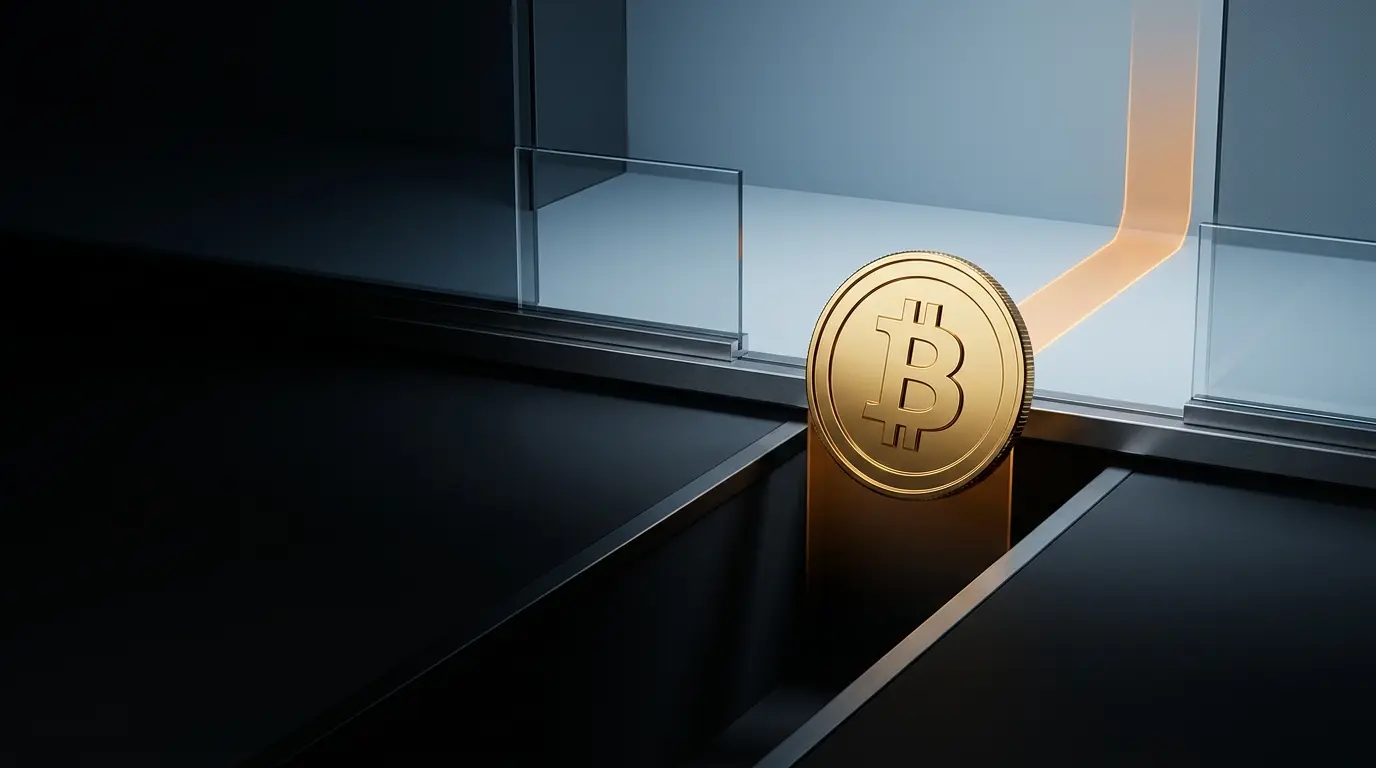 Gold Bitcoin coin rising from a dark trough, symbolizing renewed ETF inflows and a recovery in annual fund flows.
