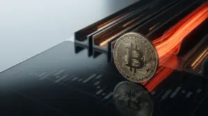 Bitcoin coin beside abstract orange capital outflows in a dark institutional ETF market setting