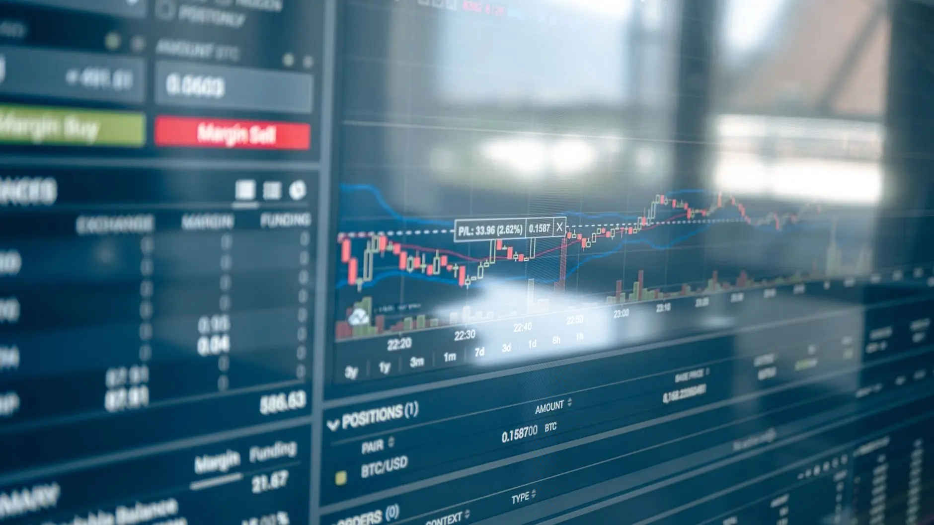 Close-up of a cryptocurrency trading interface showing a Bitcoin price candlestick chart and order book