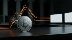 Bitcoin coin beside an abstract bond-market curve showing Treasury intervention and shifting market pressure