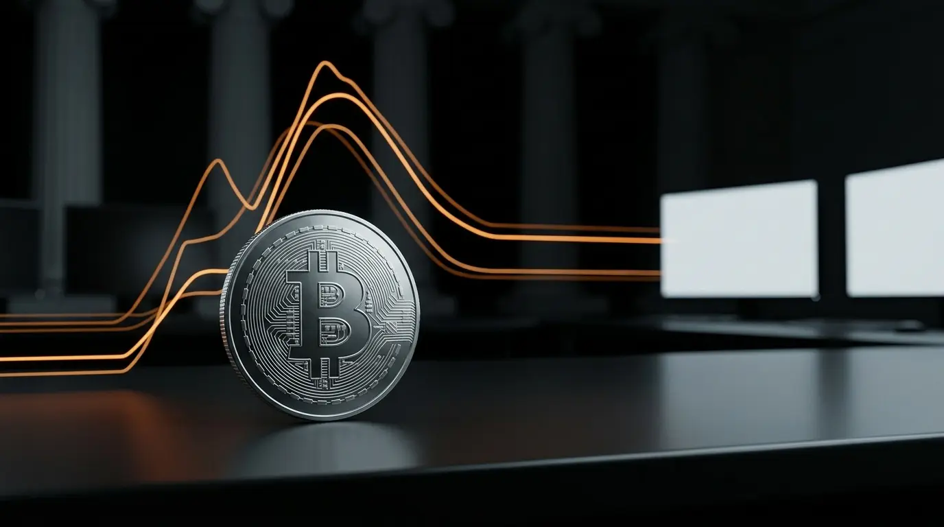 Bitcoin coin beside an abstract bond-market curve showing Treasury intervention and shifting market pressure