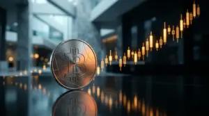 Bitcoin coin beside an upward market trend as Federal Reserve rate expectations shift