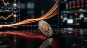 Bitcoin coin tilting downward against a sharply rising bond yield curve in a tense market scene