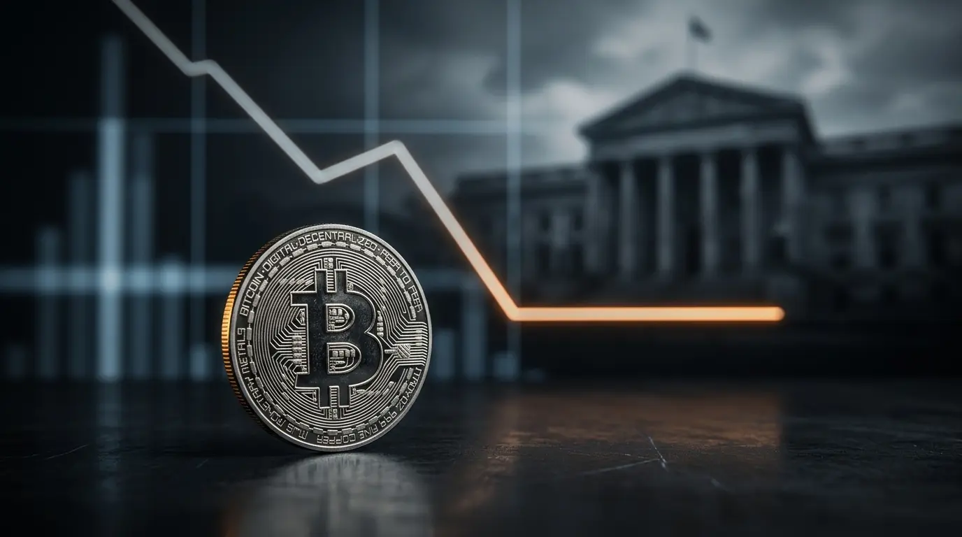 Bitcoin coin beside a falling market line that levels out, symbolizing stabilization near $75,700.