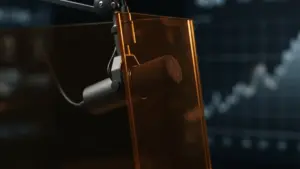 Microphone behind a glowing regulatory barrier representing CFTC scrutiny of prediction-market contracts