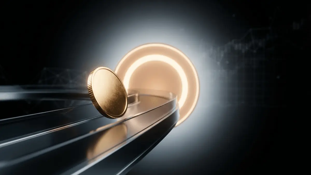 Gold investment coin moving through dark digital finance infrastructure toward a stable dollar-linked core