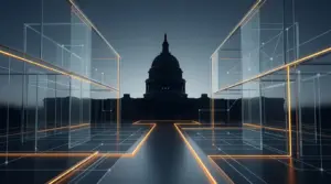 Dark Capitol silhouette behind an orange-lit digital framework representing a pivotal crypto regulation vote