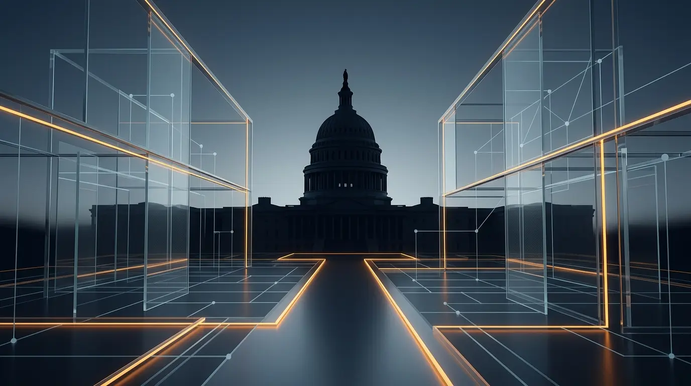Dark Capitol silhouette behind an orange-lit digital framework representing a pivotal crypto regulation vote
