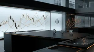 Abstract institutional crypto futures trading desk with Canadian and orange-gold market accents