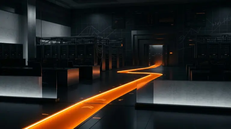 Dark crypto exchange infrastructure with an orange withdrawal path during a platform shutdown