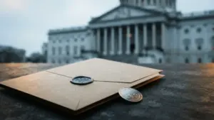 Unmarked crypto regulatory dossier and coin before a softly lit government building, symbolizing White House review.