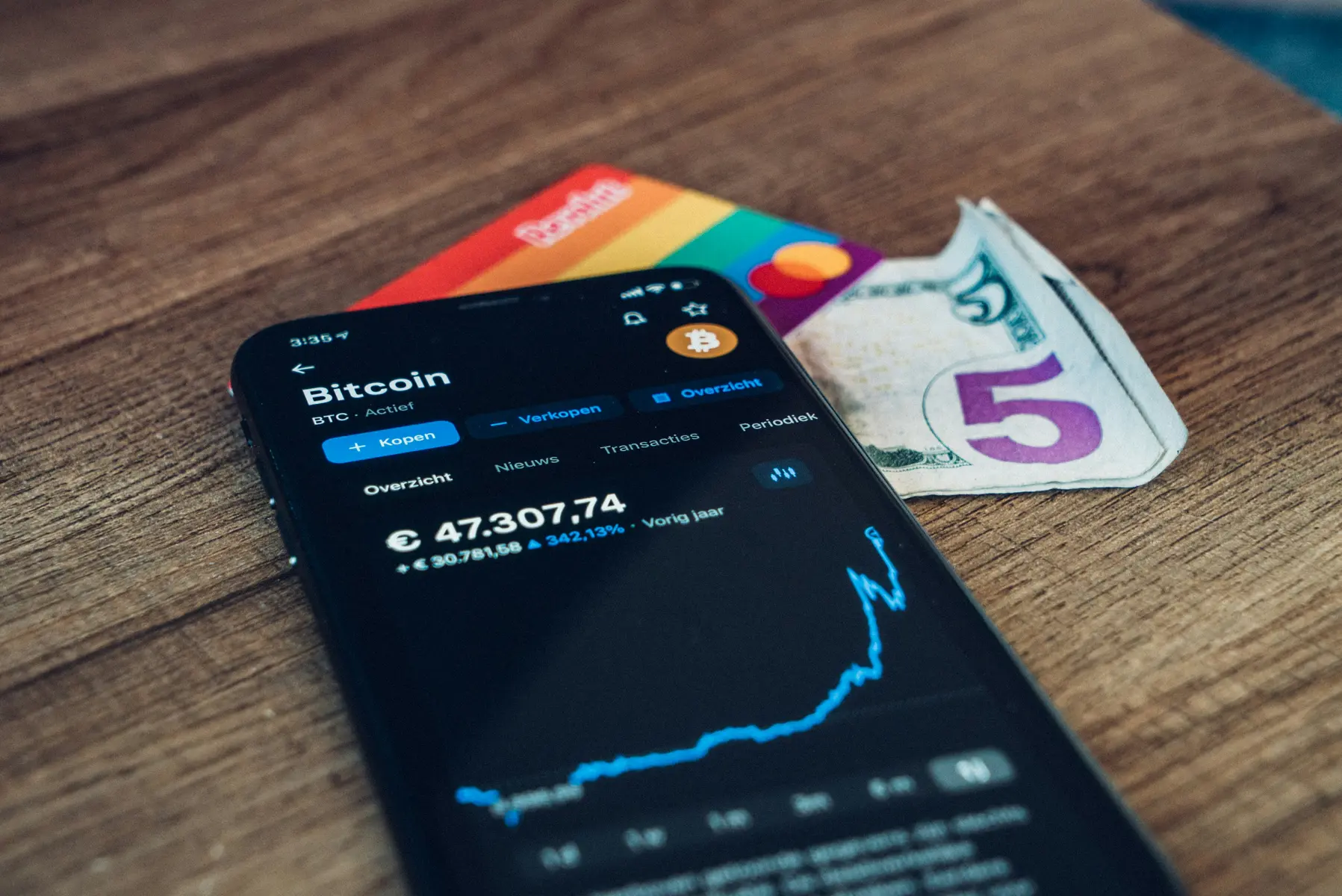 A smartphone displaying a Bitcoin price chart next to a five-dollar bill and a colorful card on a wooden surface.
