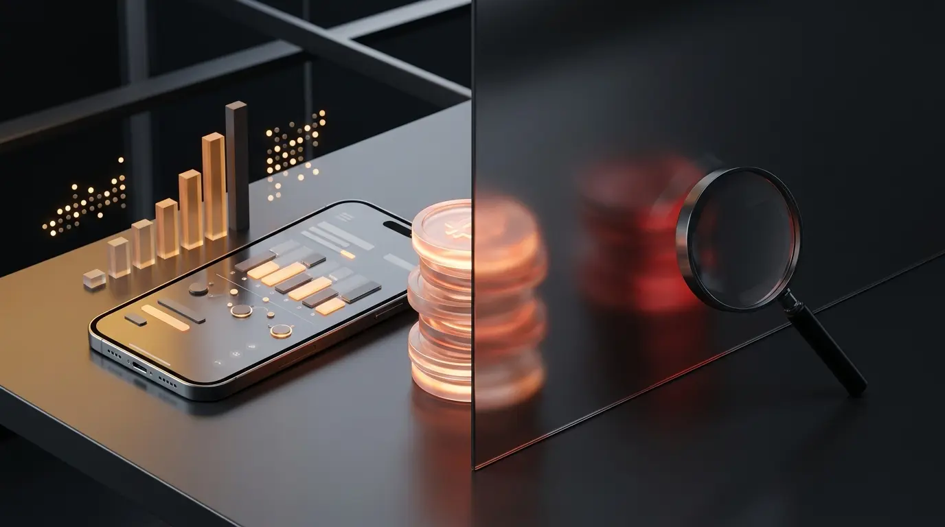 Abstract crypto presale scene showing a smartphone wallet, token stack, market momentum, and due diligence contrast