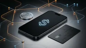 Smartphone wallet and payment card representing Ethena Pay USDe spending across global markets