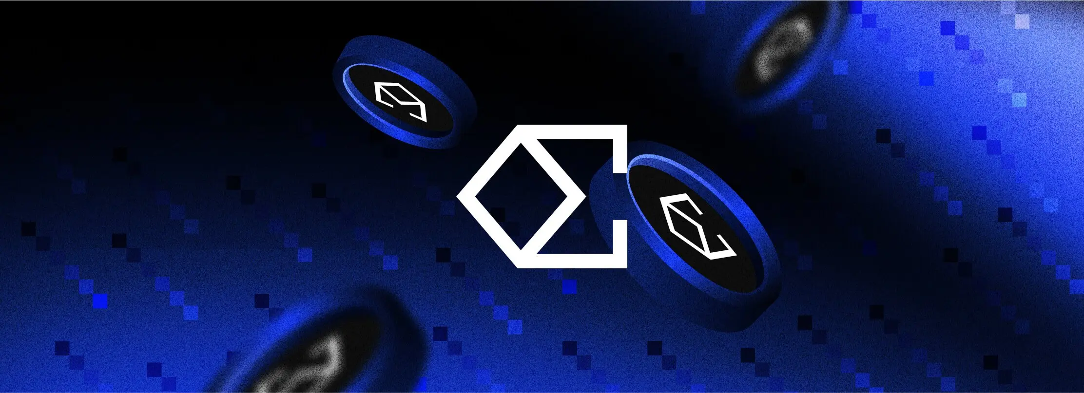 Digital rendering of blue 3D coins featuring the Ethena logo against a dark blue pixelated background