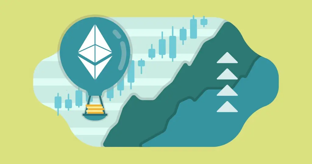 Illustration of an Ethereum logo hot air balloon rising over a financial growth chart with candlesticks.