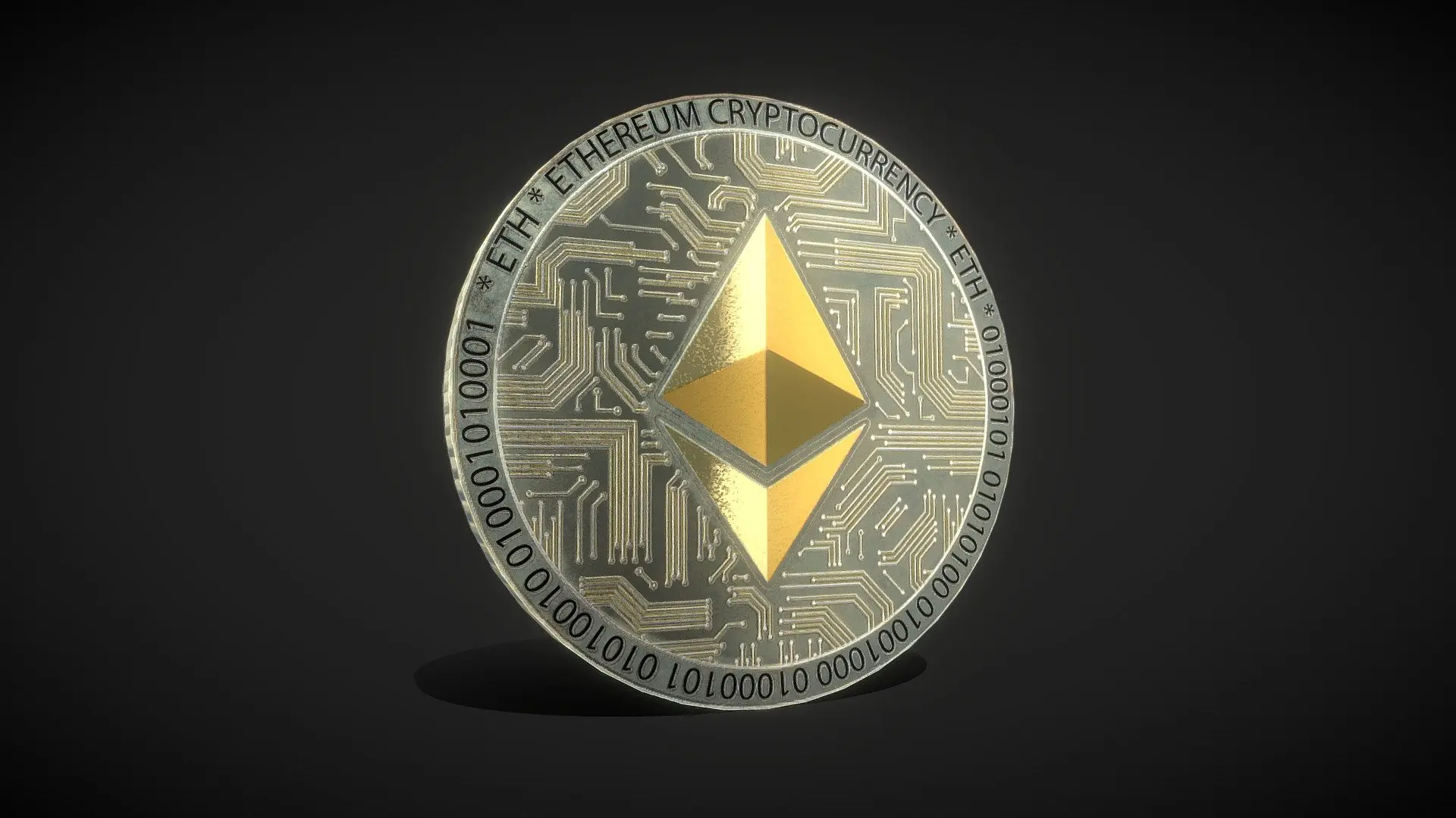 A 3D render of a silver Ethereum cryptocurrency coin featuring a gold crystal logo and circuit board patterns